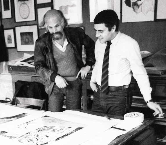 Jörg Schellmann and Mimmo Paladino at Giorgio Upiglio’s print workshop in the 1980s Jörg Schellmann and Mimmo Paladino at Giorgio Upiglio’s print workshop in the 1980s